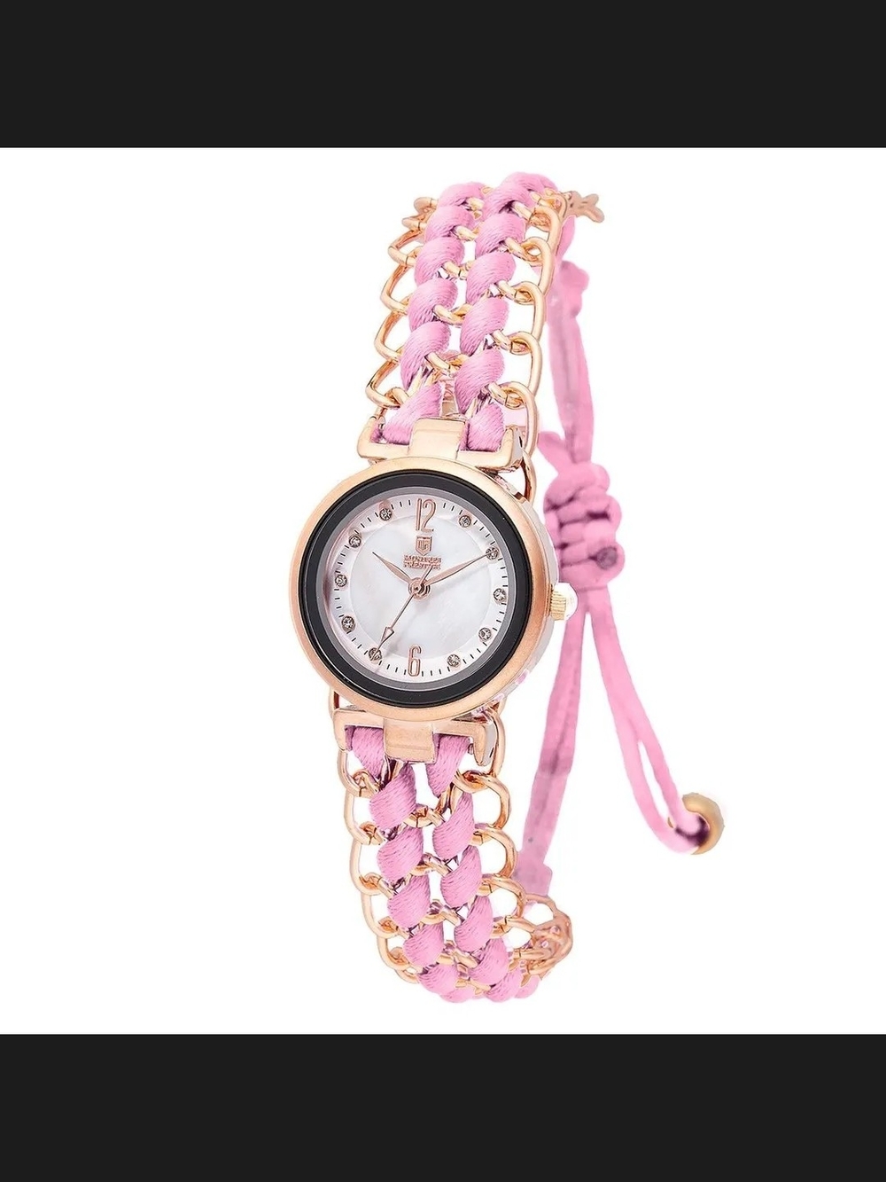 Montres Prestige Pink Woven Chain Bracelet Watch - Rose Gold Accents